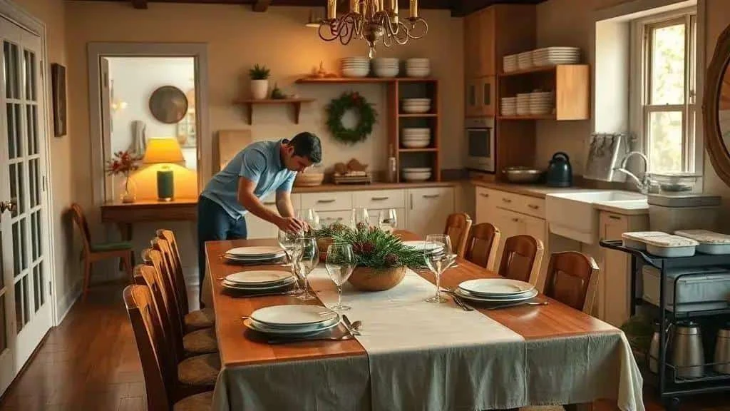 Simple Christmas table settings ready for guests in a home kitchen