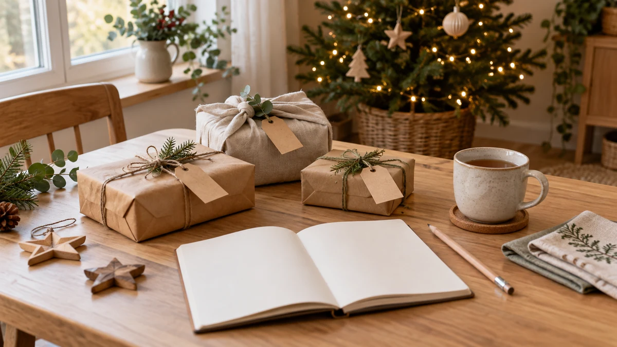 Simple reusable decorations beside thoughtfully wrapped gifts