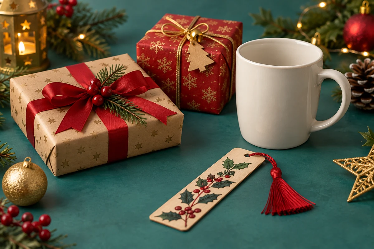 Simple Secret Santa gifts with a mug and decorated bookmark