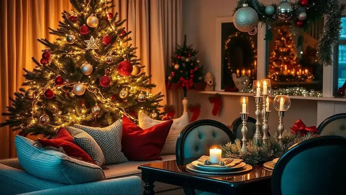 Sitting area with a decorated tree and festive table
