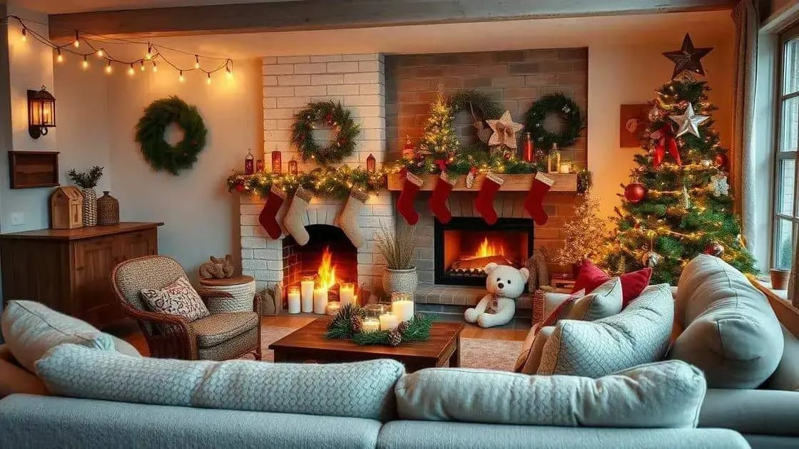 Sitting room decorated with Christmas trees and wreaths