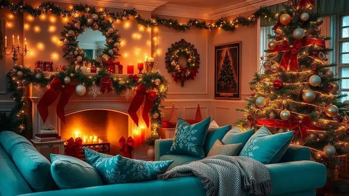 Sitting room with festive lighting and a decorated mantelpiece