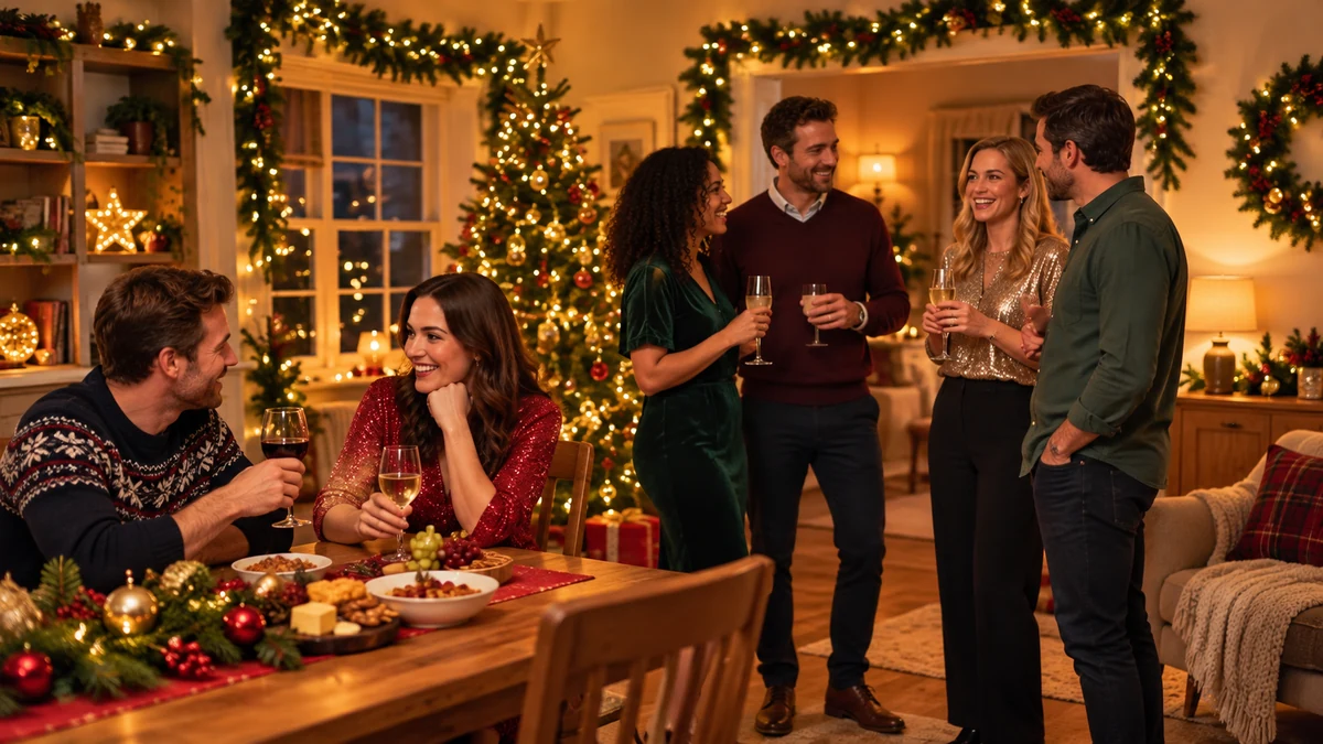 Six adults at a modest festive house gathering