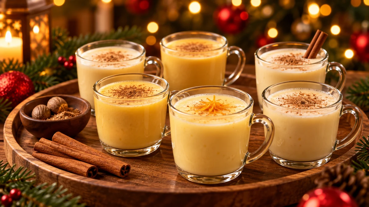 Six mugs of creamy eggnog variations with festive spices