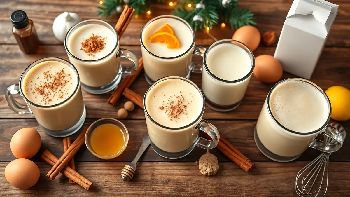 Six mugs of eggnog variations with spices, honey and eggs