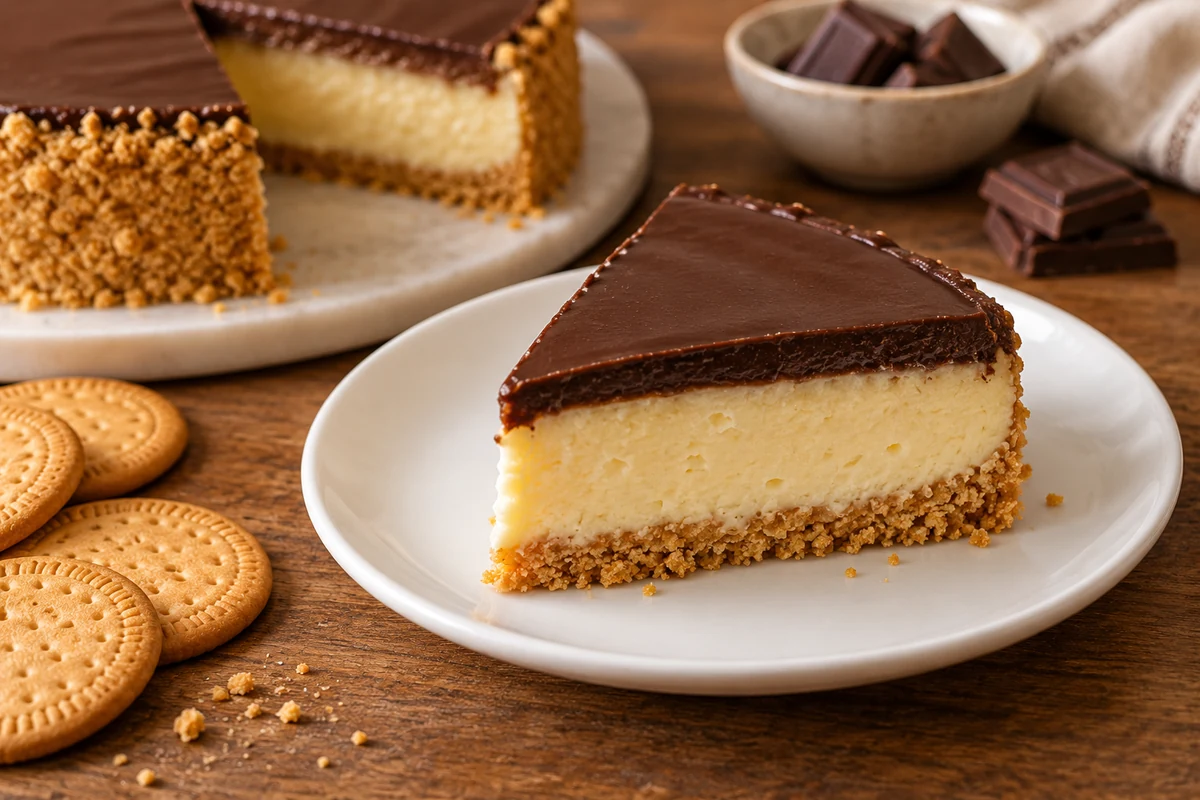 Slice of no-bake chocolate biscuit tart showing three layers