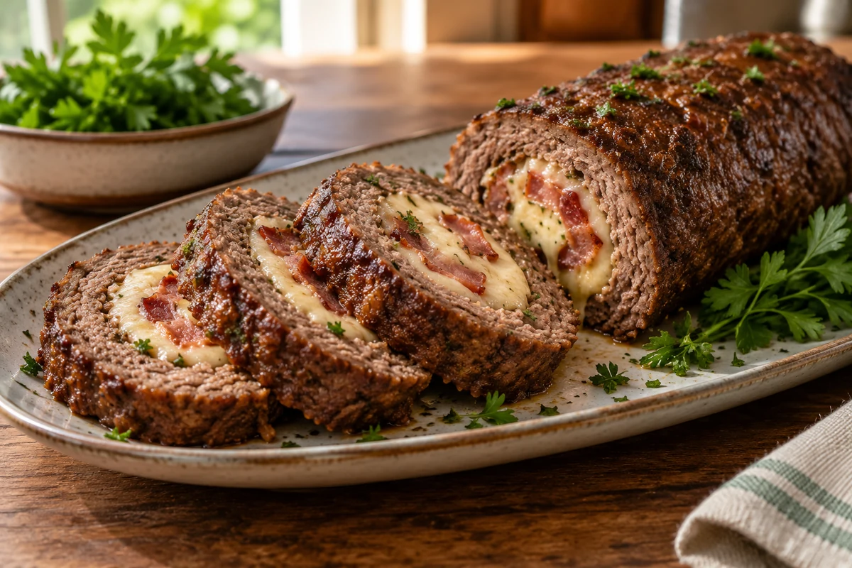 Sliced beef mince roulade with bacon and cheese filling