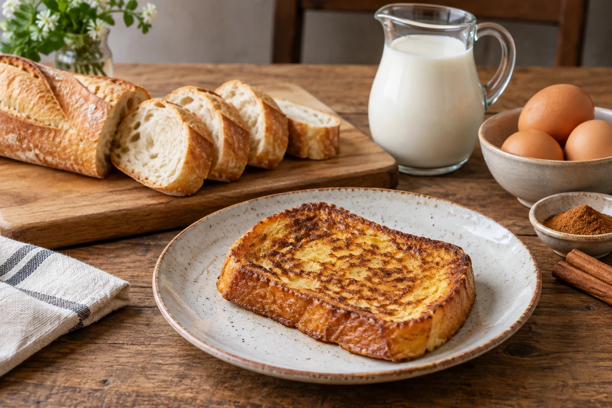 Sliced bread milk and eggs beside cooked French toast Sliced bread milk and eggs beside cooked French toast