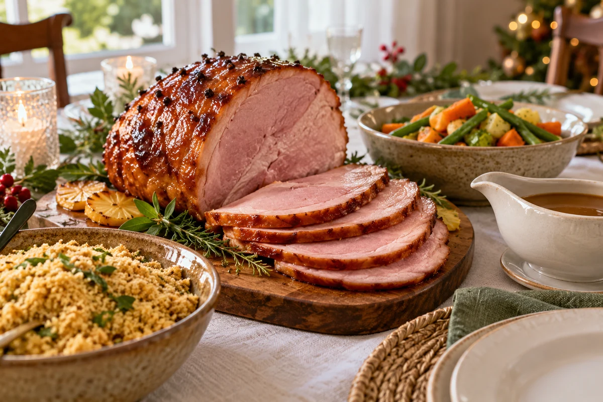 Sliced Christmas ham with pineapple and herbs