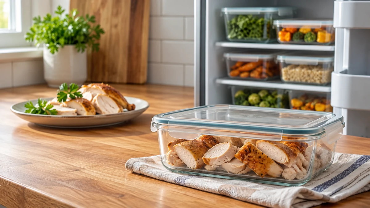 Sliced cooked chicken in a closed container beside a fridge Sliced cooked chicken in a closed container beside a fridge