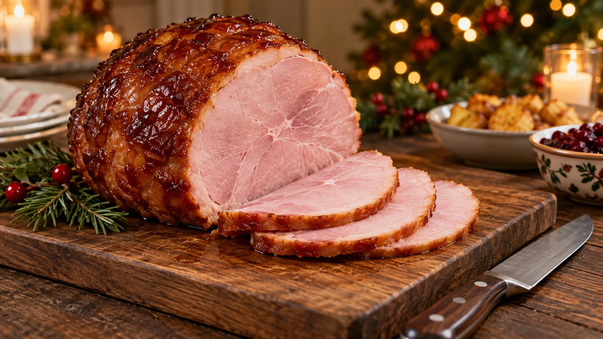 Sliced cooked ham on a carving board