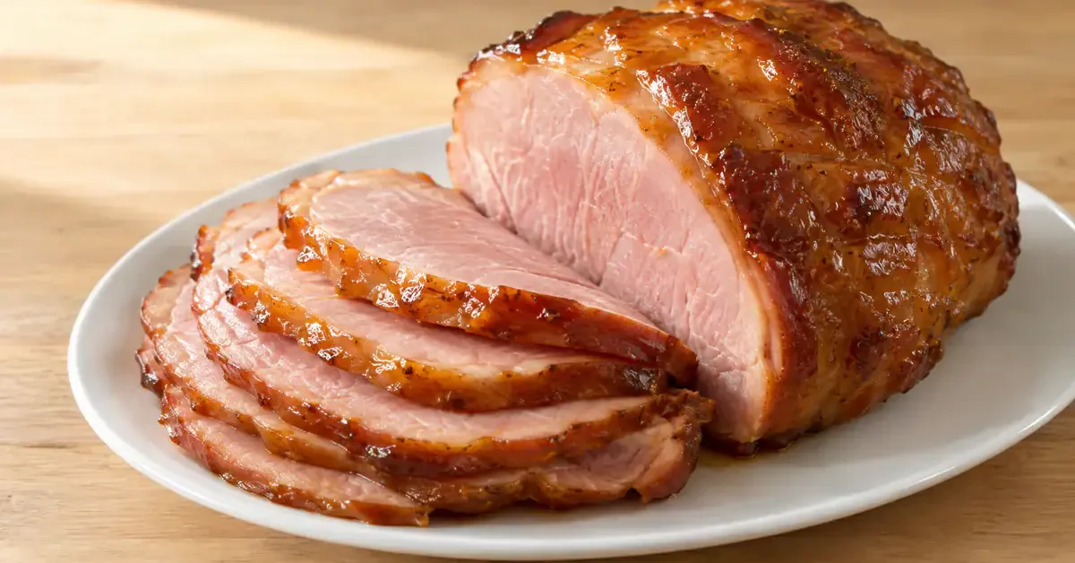 Sliced cooked ham with a golden glaze