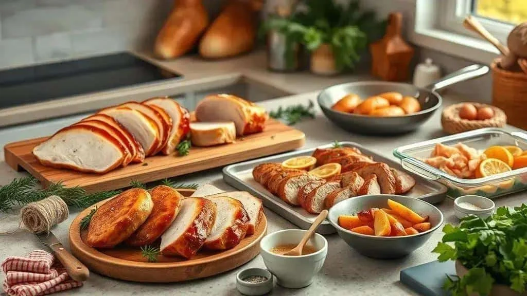 Sliced cooked poultry on a serving plate
