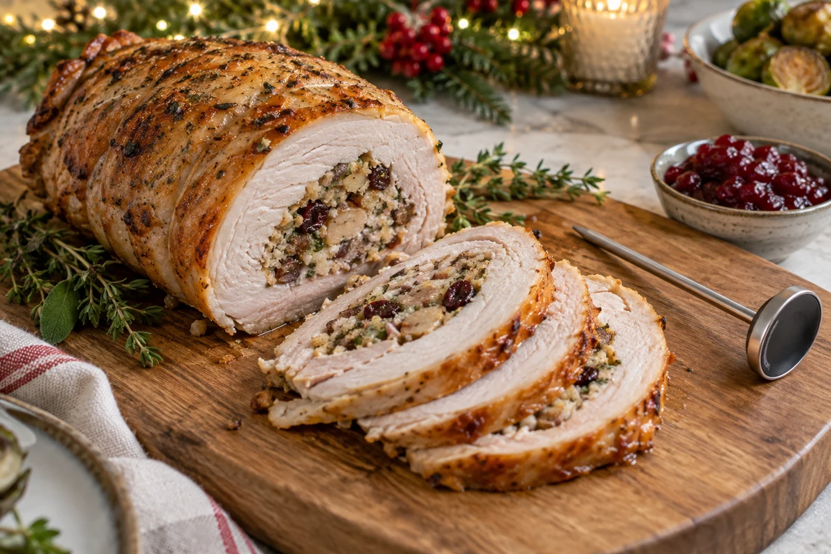 Sliced cooked turkey breast roll showing the centre of the filling, with a separate probe thermometer on a board