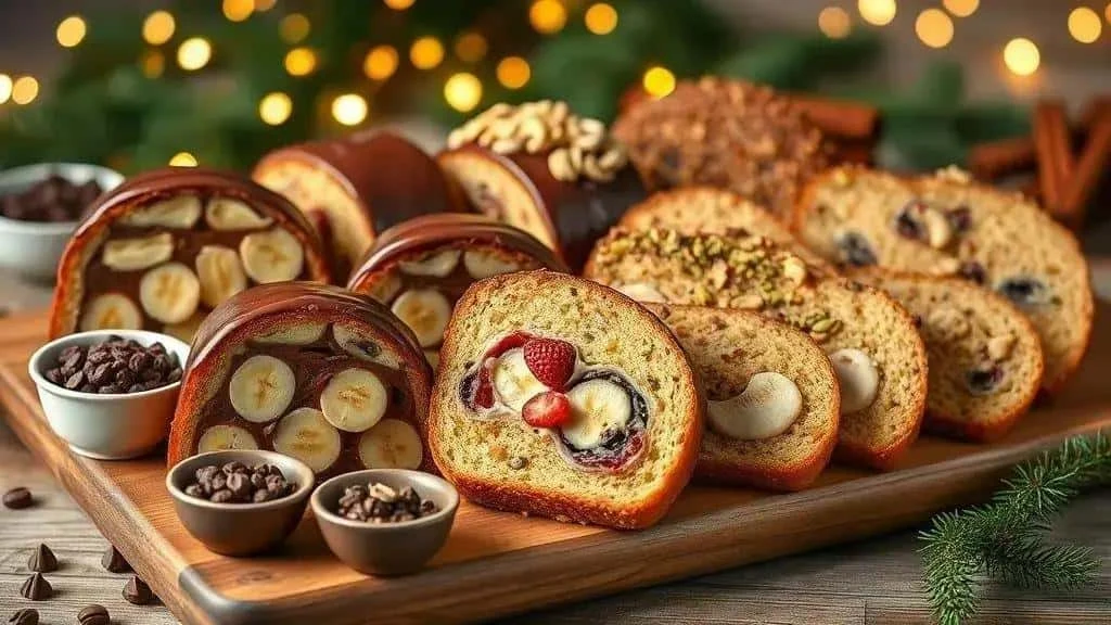Sliced festive breads with chocolate, fruit and nut fillings