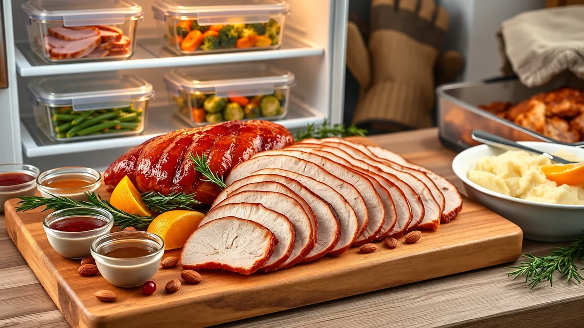 Sliced festive ham beside a fridge containing covered food containers
