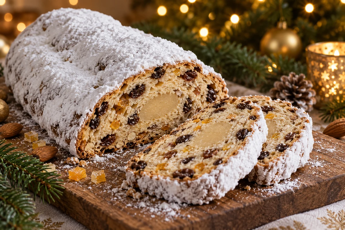 Sliced fruit stollen with a marzipan centre