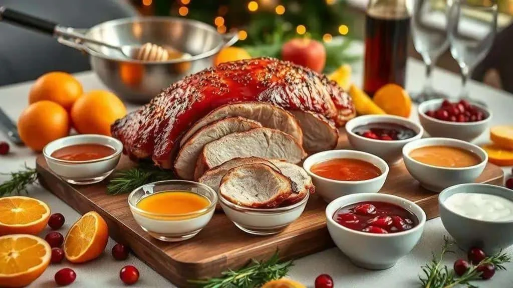 Sliced glazed ham with ingredients for festive sauces