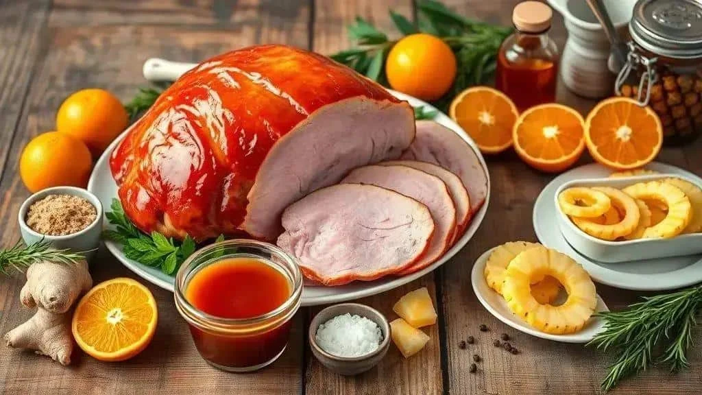 Sliced glazed ham with oranges and sauce ingredients