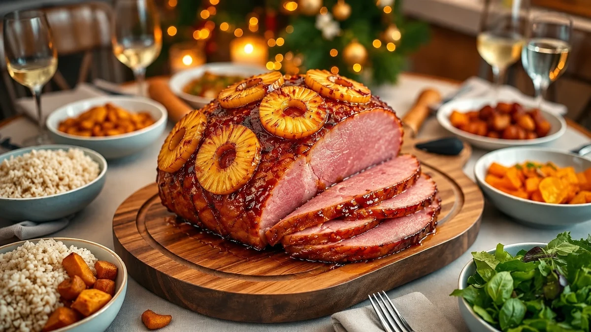 Sliced glazed ham with pineapple on a festive table Sliced glazed ham with pineapple on a festive table