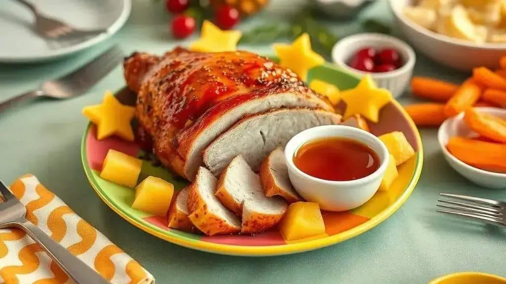 Sliced ham with pineapple stars and a dipping sauce