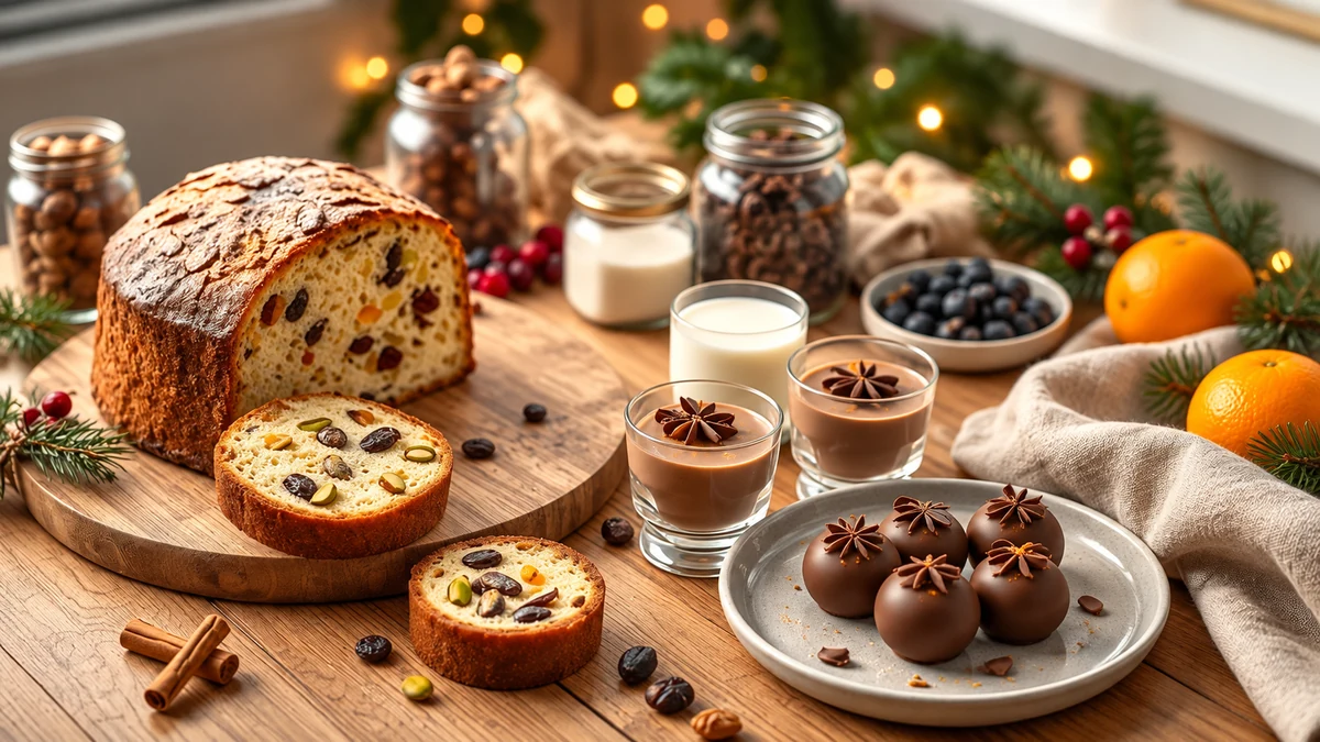 Sliced panettone with individual chocolate desserts and truffles