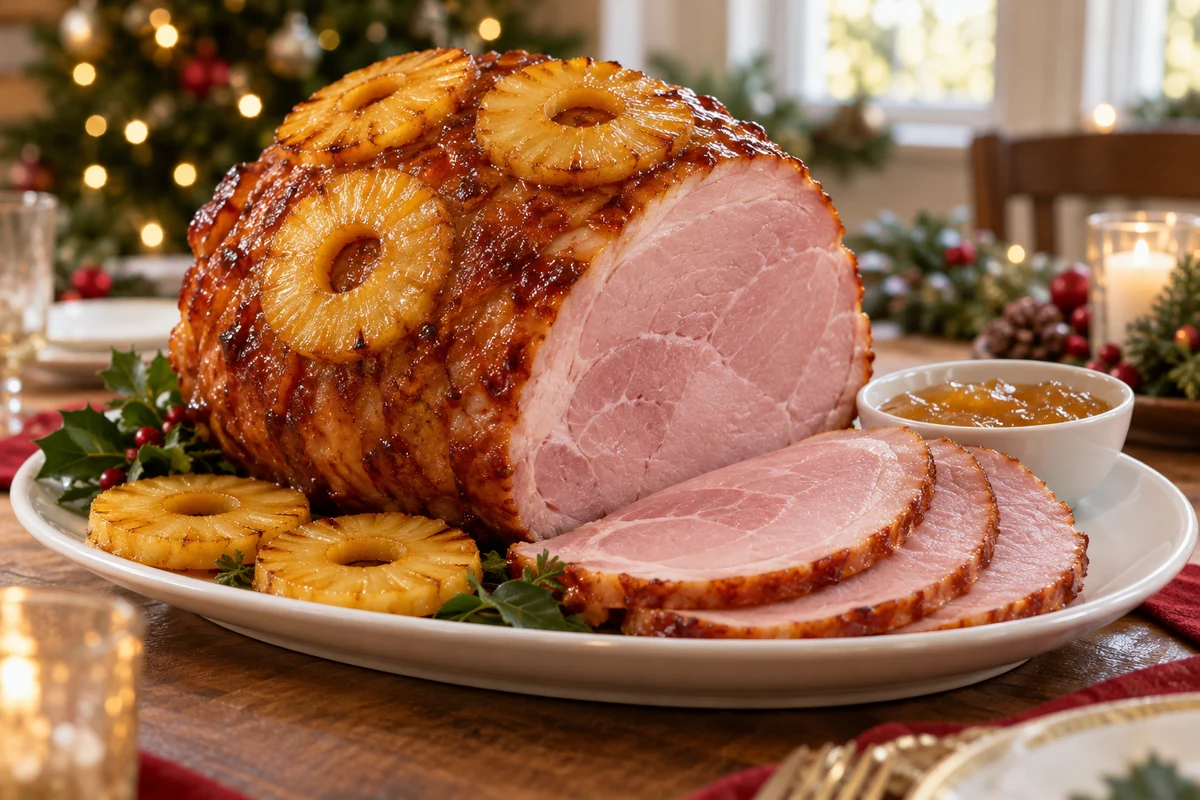 Sliced pineapple-glazed ham with sweet-and-sour sauce