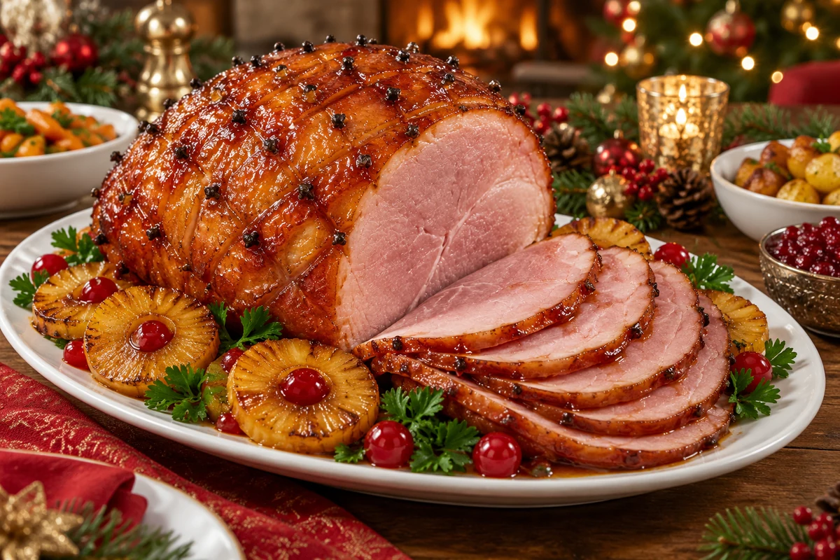 Sliced pink Christmas ham with pineapple glaze