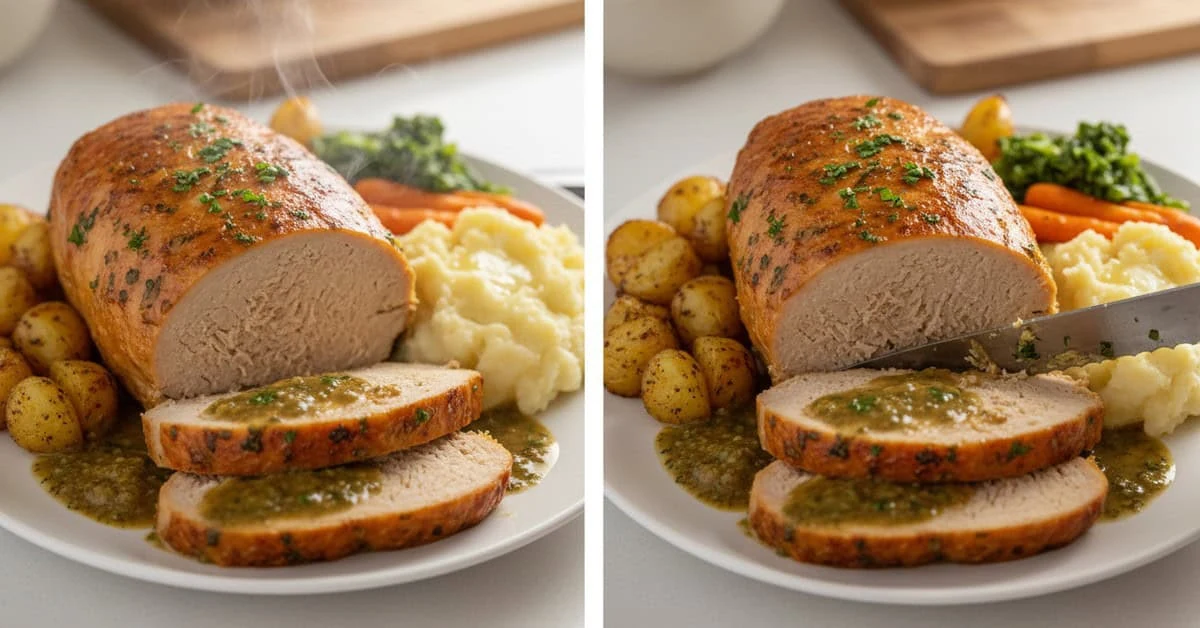 Sliced plant-based roast with gravy and vegetables