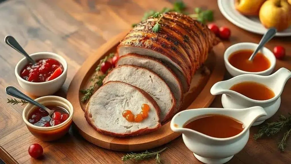 Sliced pork loin with fruit sauces and gravy Sliced pork loin with fruit sauces and gravy