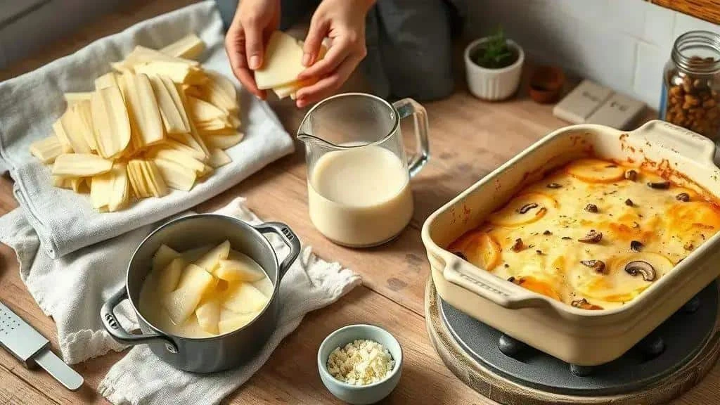 Sliced potatoes and dairy ingredients beside a baked gratin