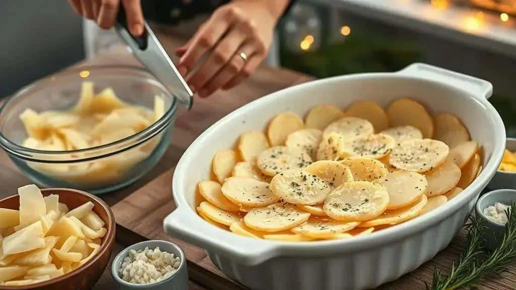 Sliced potatoes being layered in an oval gratin dish