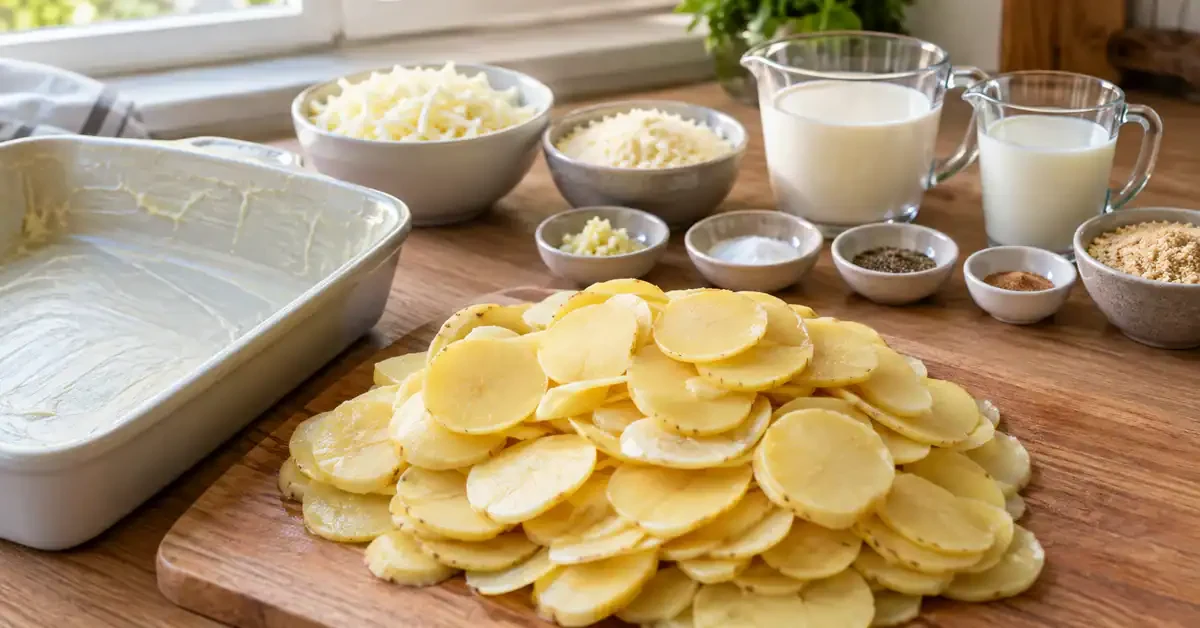 Sliced potatoes, cream and grated cheeses for potato gratin