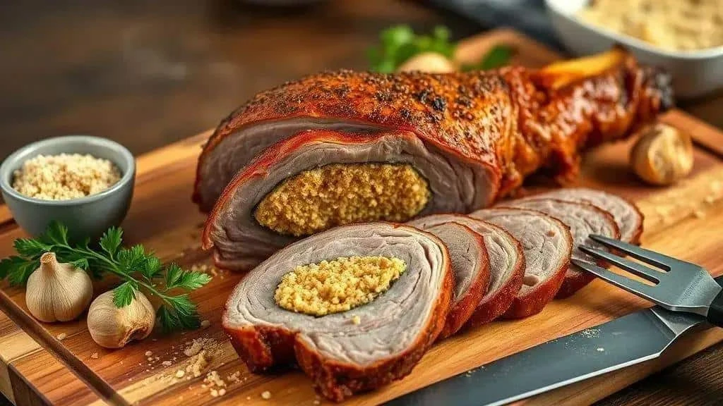 Sliced roast beef filled with cassava farofa Sliced roast beef filled with cassava farofa