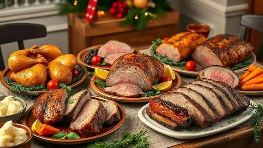 Sliced roast meats and chicken with festive accompaniments