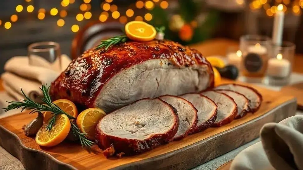 Sliced roast pork leg with orange and rosemary