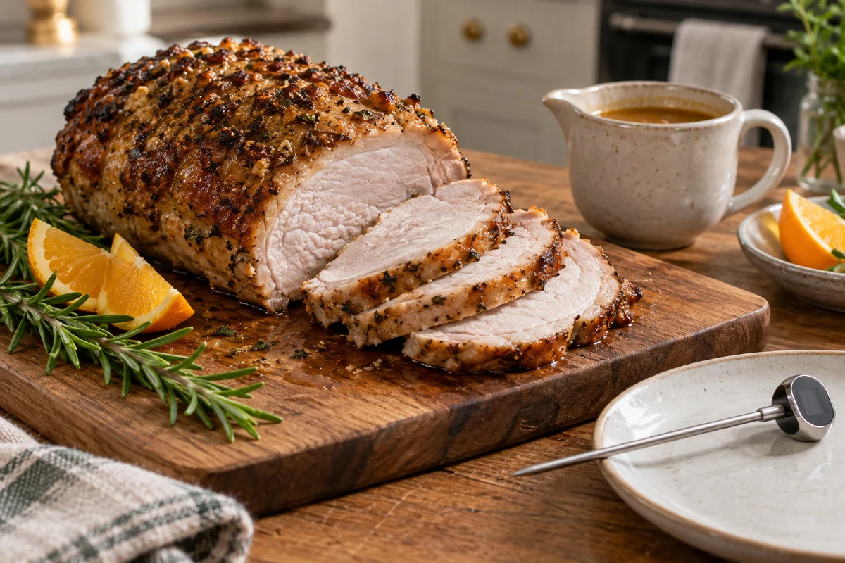Sliced roast pork loin with herbs and orange sauce Sliced roast pork loin with herbs and orange sauce