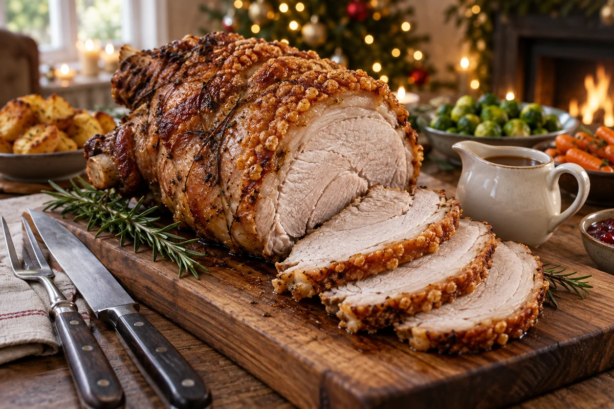 Sliced roast pork resting on a carving board