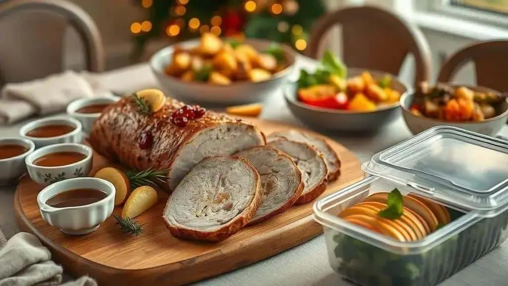 Sliced roast pork with sauces vegetables and a food container