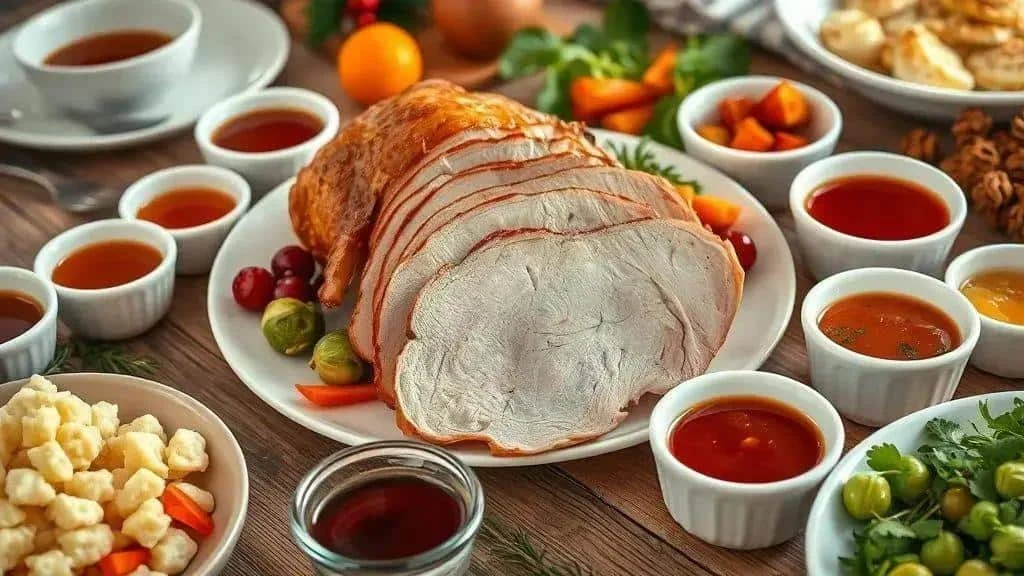 Sliced roast turkey with vegetables and bowls of sauces Sliced roast turkey with vegetables and bowls of sauces