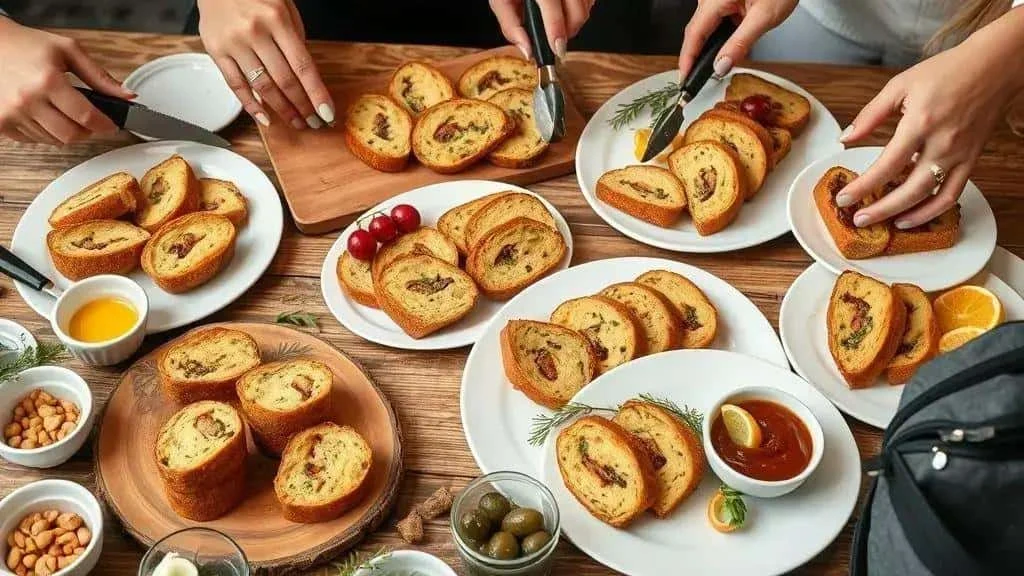 Sliced savoury filled bread arranged on serving plates