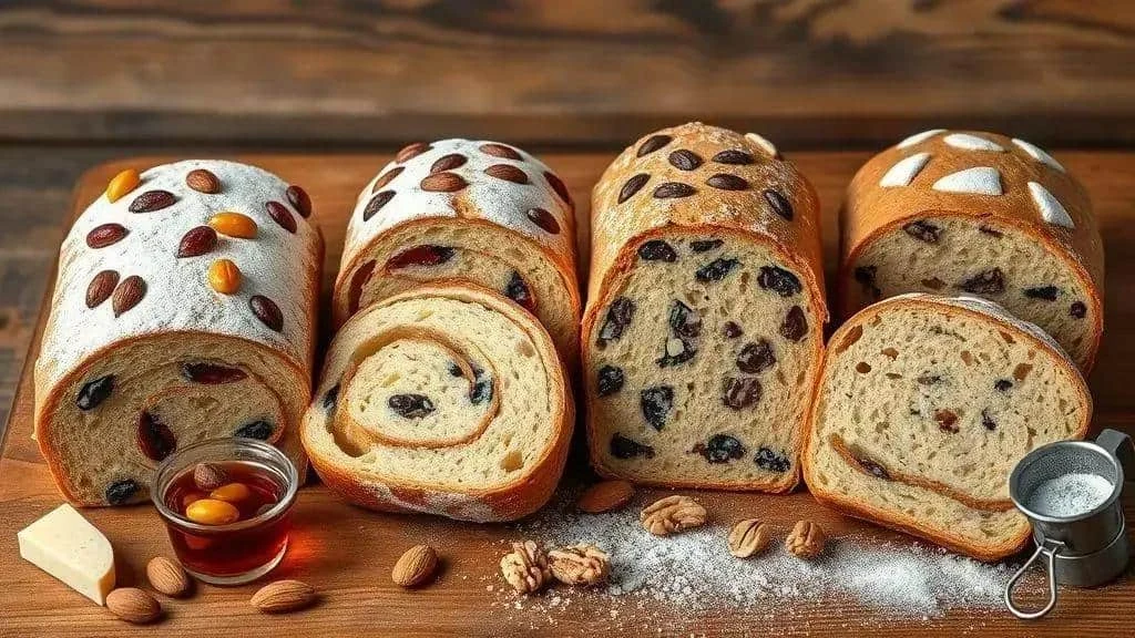 Sliced stollen variations with fruit chocolate and marzipan
