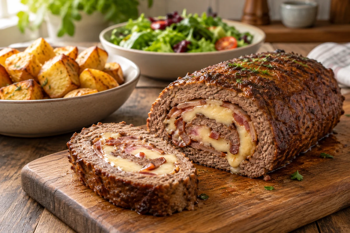 Slices of cooked beef meatloaf with cheese and bacon
