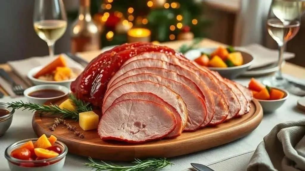 Slices of glazed cooked ham on a plate