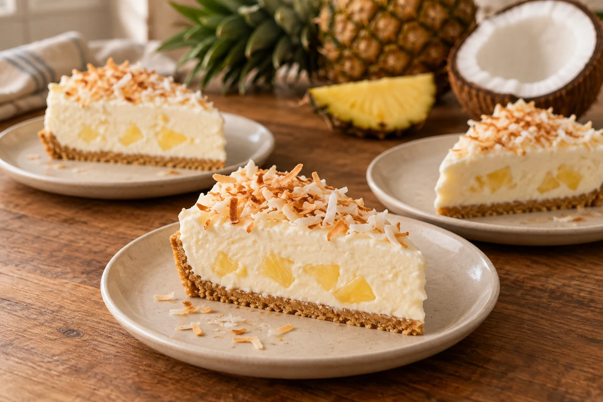 Slices of pineapple and coconut cream tart showing the biscuit base