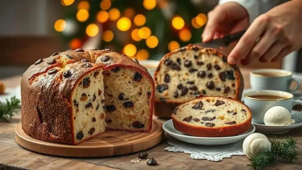 Slicing chocolate panettone on a wooden board