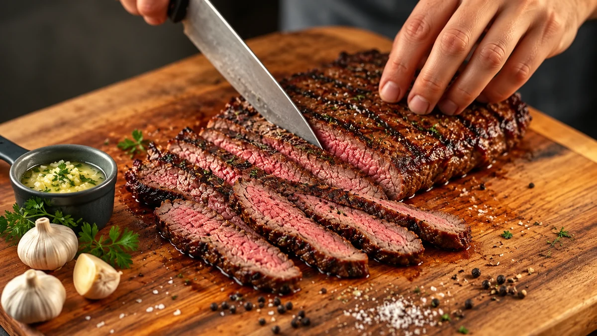 Slicing garlic butter bavette across the grain