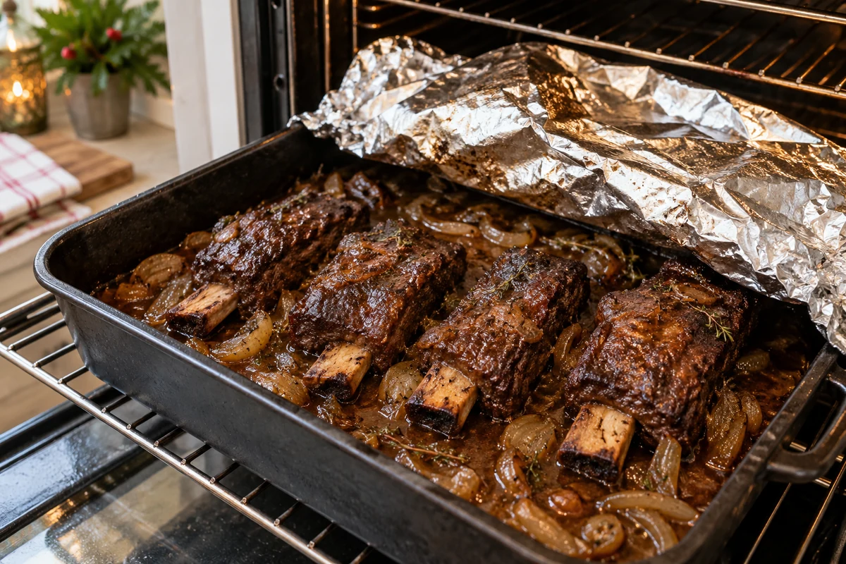 Slow-cooked beef short ribs uncovered in the oven Slow-cooked beef short ribs uncovered in the oven