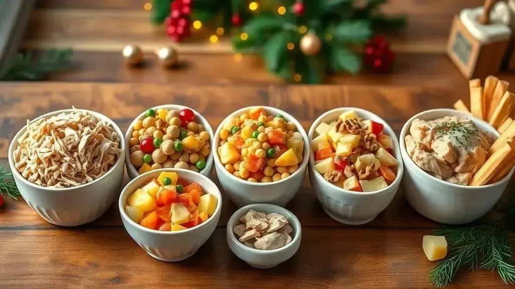 Small bowls of chicken chickpea and fruit salad variations