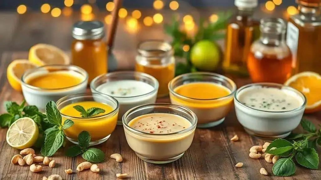 Small bowls of citrus and creamy salad dressings